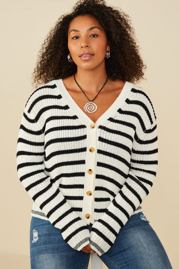 HY8669 Off White Womens Striped Buttoned Sweater Cardigan Front